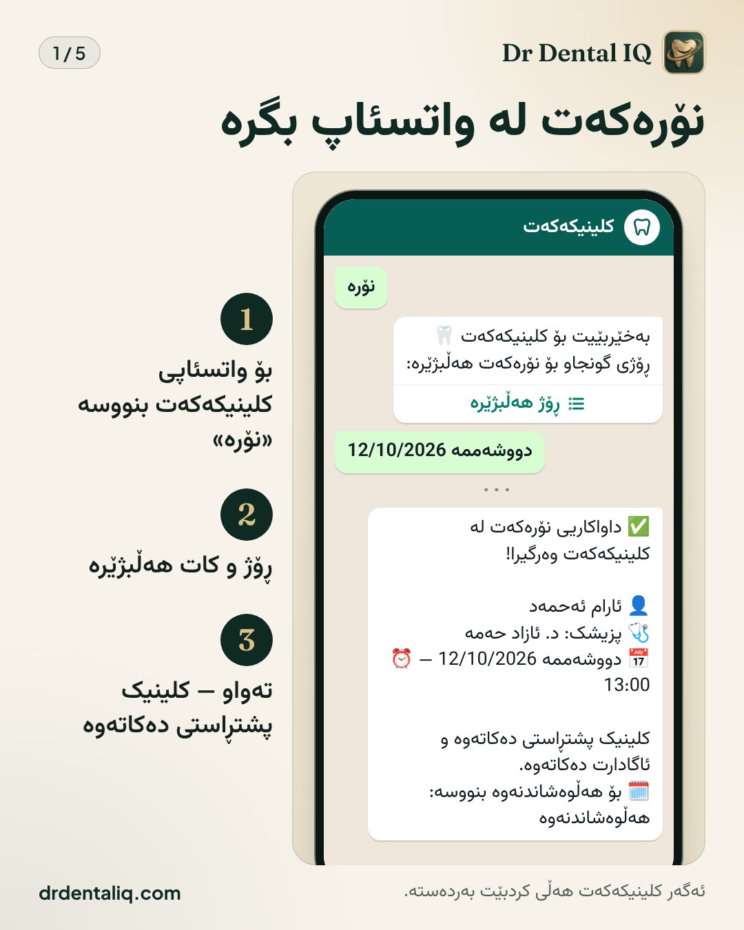نۆرەکەت لە واتسئاپ بگرە · بۆ واتسئاپی کلینیکەکەت بنووسە «نۆرە» · ڕۆژ و کات هەڵبژێرە · تەواو — کلینیک پشتڕاستی دەکاتەوە